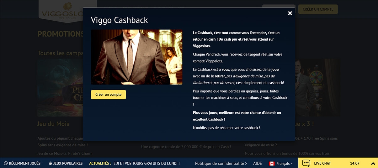 image de présentation cashback du casino viggoslots en France
